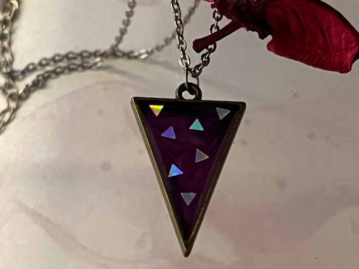 Necklace- Misa Iris Pendant with Silver Cable Chain- Midnight Purple, Holographic Triangles