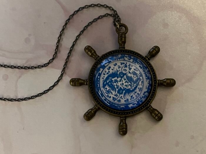 Necklace- Misa Steer Pendant with Antique Link Chain- Blue &  White Glass Cabochon - Image 4