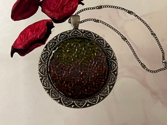 Necklace- Misa Allium Pendant with Fancy Silver Chain- Metallic Black base, Gold, Pink &  Red Glass beads - Image 3