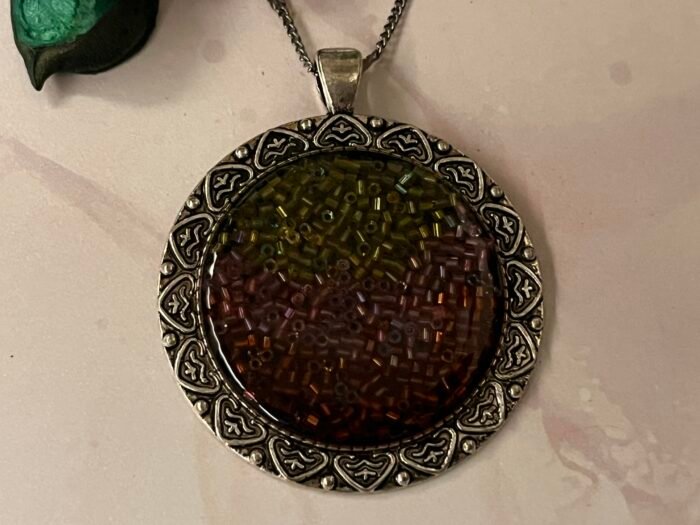 Necklace- Misa Allium Pendant with Fancy Silver Chain- Metallic Black base, Gold, Pink &  Red Glass beads - Image 2
