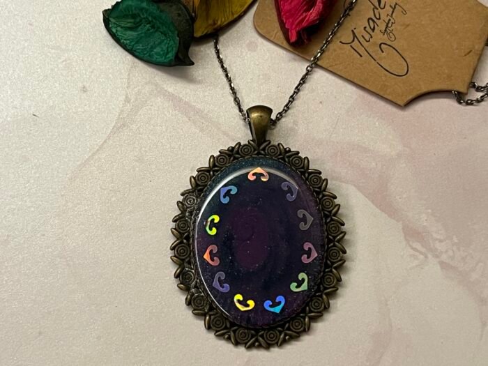 Necklace- Misa Achillea Pendant with Antique Link Chain- Purplish blue, Holographic design
