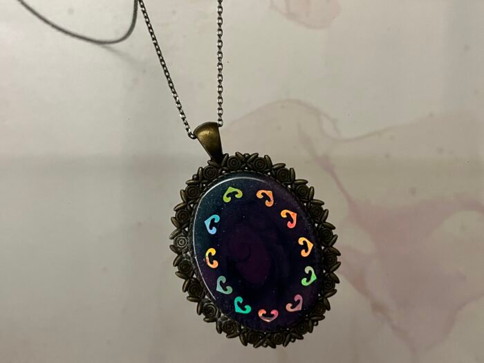 Necklace- Misa Achillea Pendant with Antique Link Chain- Purplish blue, Holographic design - Image 3