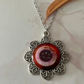 Necklace- Misa Flora Pendant with Fancy Silver Chain- Orange sparkle, Mother of Pearl ring 3 IMG 6834