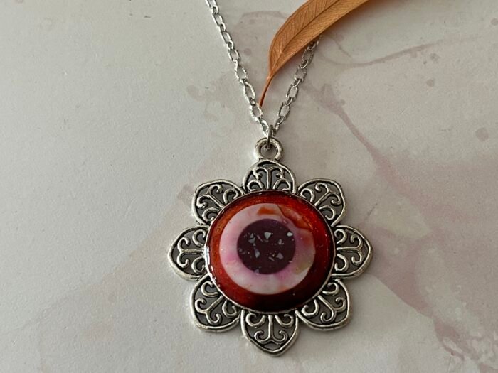 Necklace- Misa Flora Pendant with Fancy Silver Chain- Orange sparkle, Mother of Pearl ring