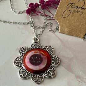 Necklace- Misa Flora Pendant with Fancy Silver Chain- Orange sparkle, Mother of Pearl ring 4 IMG 6835