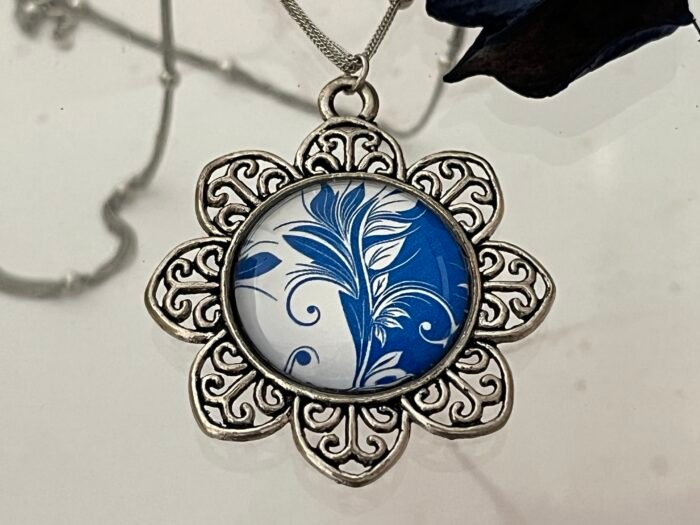 Necklace- Misa Flora Pendant with Fancy Ball Chain- White &  Blue Glass Cabochon - Image 2