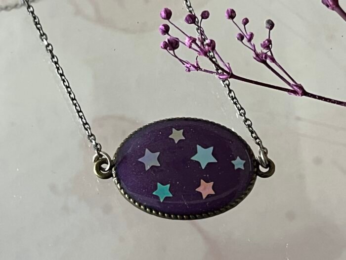 Necklace- Misa Achillea Pendant with Antique Link Chain- Purple, Holographic design - Image 3