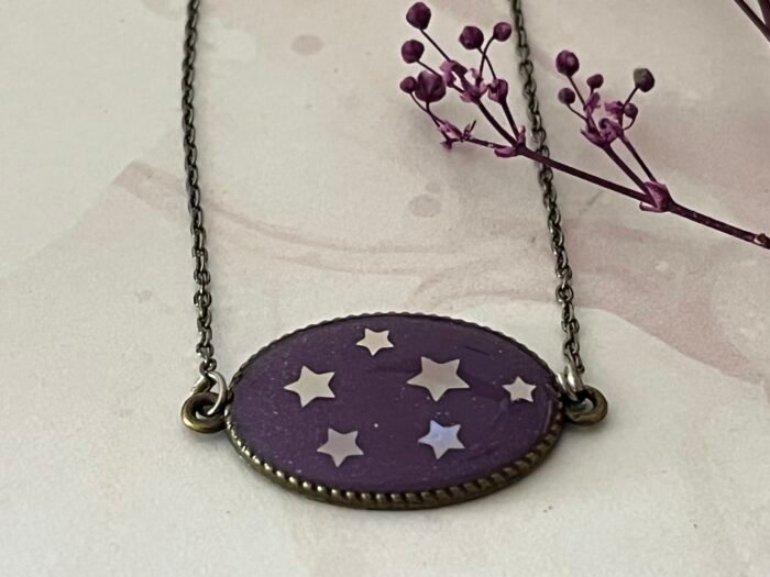 Necklace- Misa Achillea Pendant with Antique Link Chain- Purple, Holographic design - Image 2