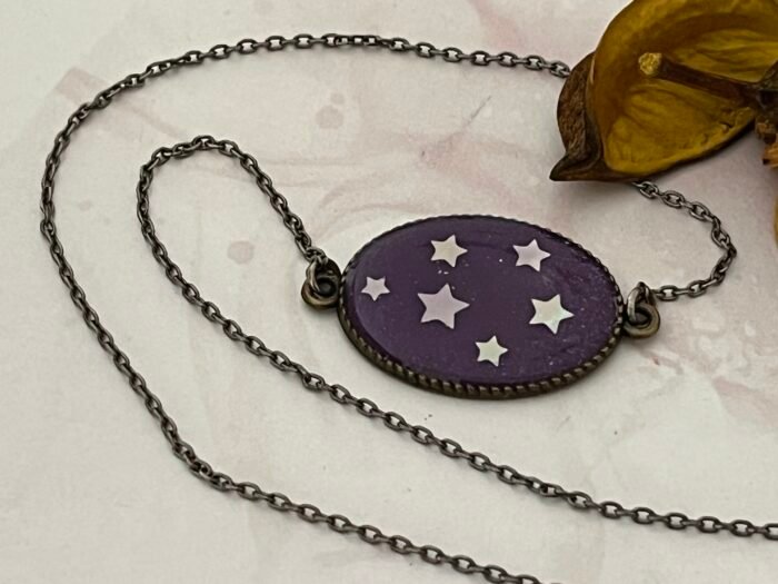 Necklace- Misa Achillea Pendant with Antique Link Chain- Purple, Holographic design