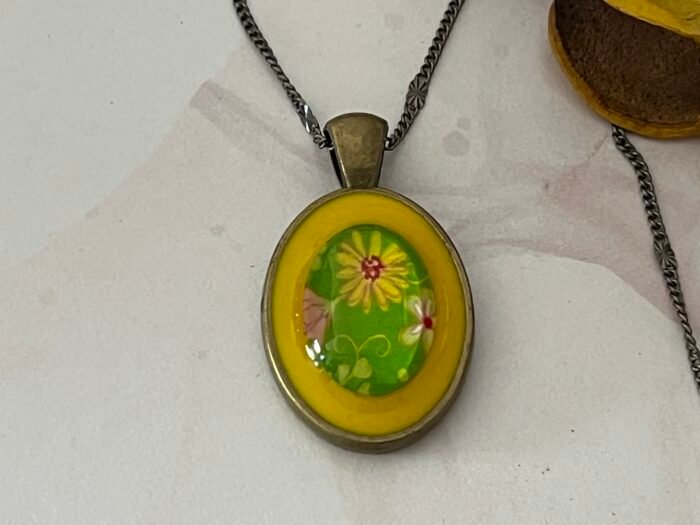 Necklace- Misa Achillea Pendant with Fancy Silver Chain- Yellow, Green Glass Cabochon - Image 3