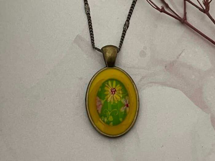 Necklace- Misa Achillea Pendant with Fancy Silver Chain- Yellow, Green Glass Cabochon - Image 2