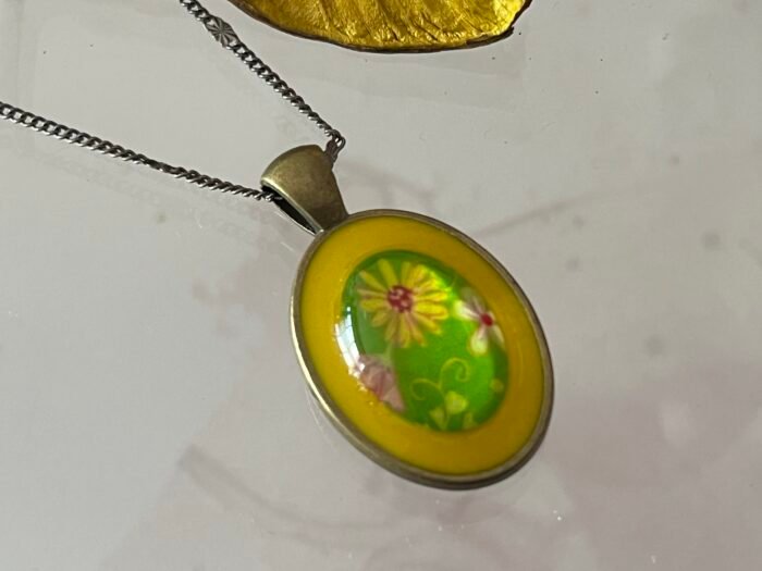 Necklace- Misa Achillea Pendant with Fancy Silver Chain- Yellow, Green Glass Cabochon