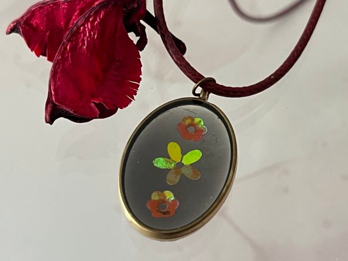 Necklace- Misa Achillea Pendant with Maroon Cord Chain- Black transparent base with Pink &  Yellow flowers - Image 2
