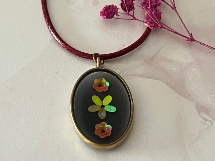 Necklace- Misa Achillea Pendant with Maroon Cord Chain- Black transparent base with Pink &  Yellow flowers