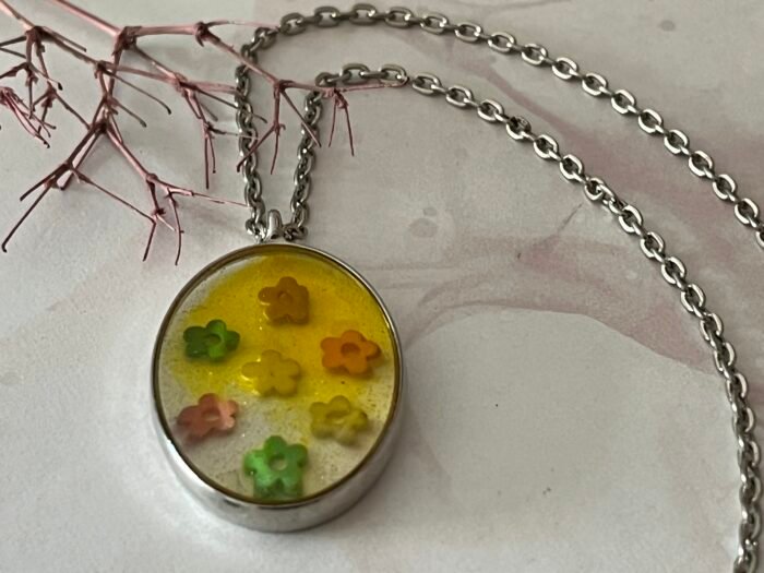 Necklace- Misa Achillea Pendant- Transparent Yellow base with Colourful flowers - Image 2