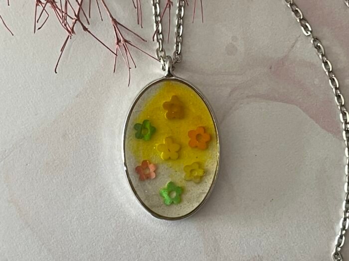 Necklace- Misa Achillea Pendant- Transparent Yellow base with Colourful flowers - Image 3