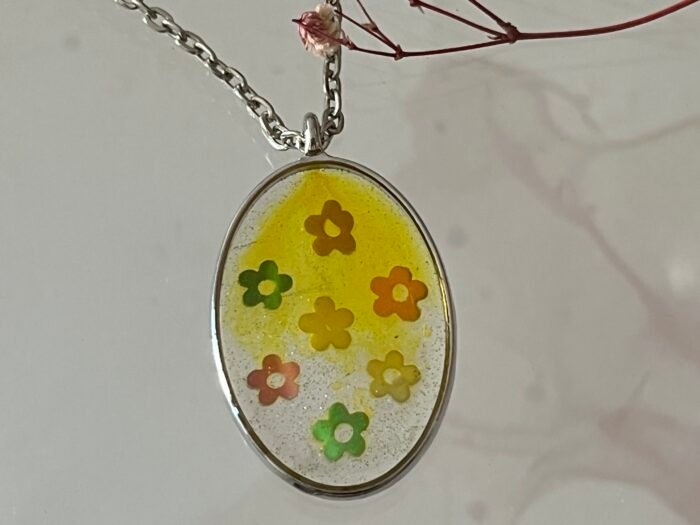 Necklace- Misa Achillea Pendant- Transparent Yellow base with Colourful flowers