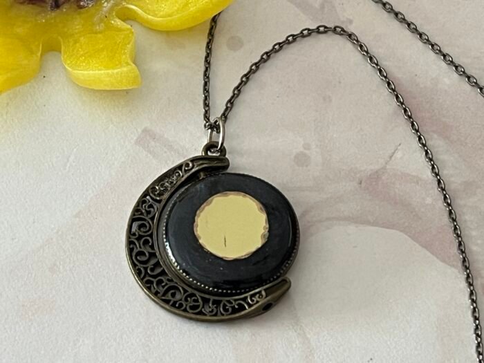 Necklace- Misa Crescent Allium Pendant with Antique Link Chain- Metallic Grey, Mirror - Image 2