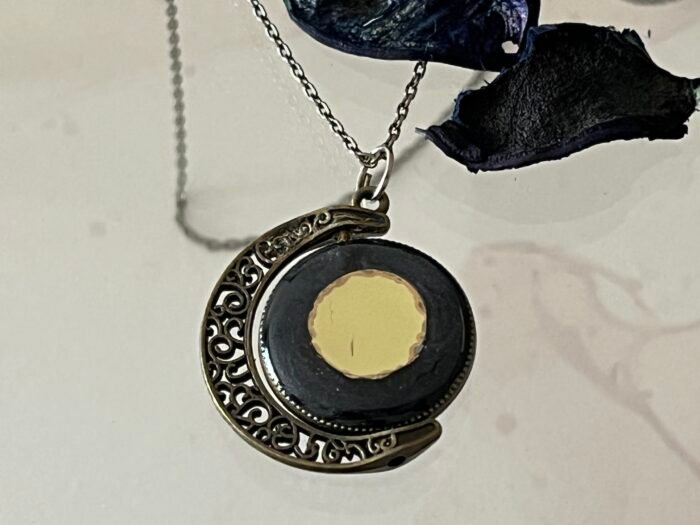 Necklace- Misa Crescent Allium Pendant with Antique Link Chain- Metallic Grey, Mirror
