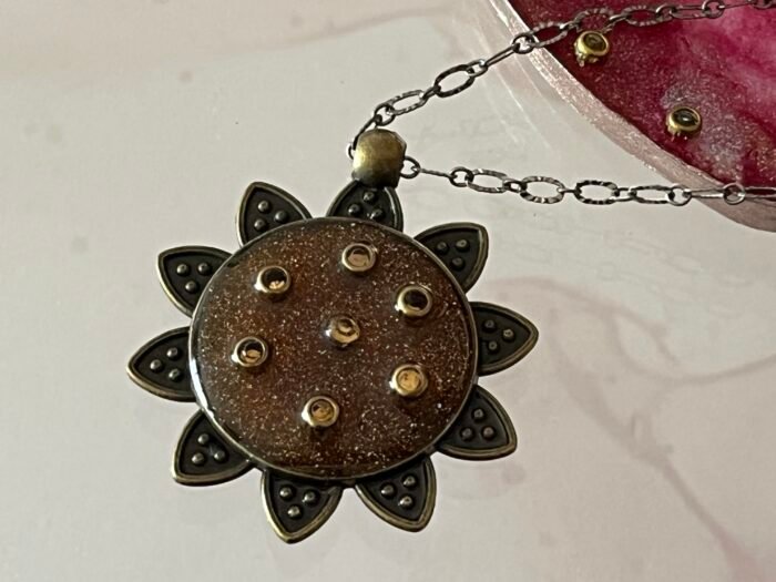 Necklace- Misa Flora Allium Pendant with Antique Link Chain- shimmer Bronze, Antique Stones - Image 3
