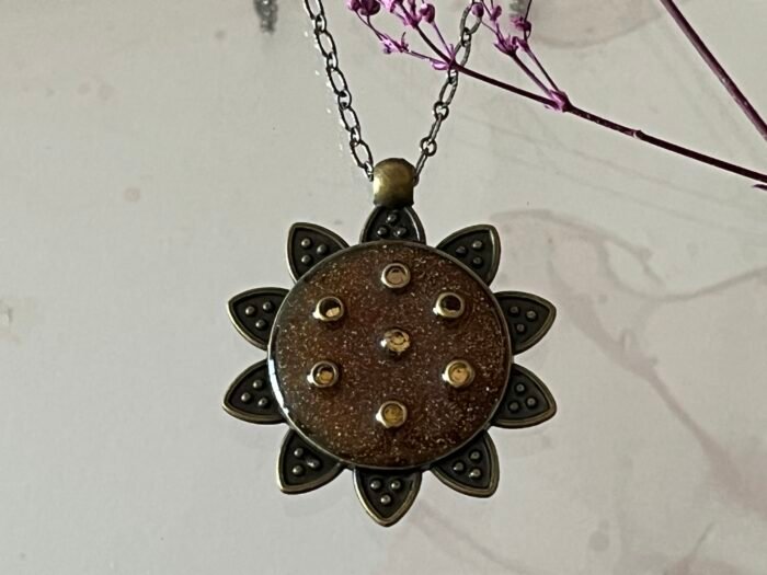 Necklace- Misa Flora Allium Pendant with Antique Link Chain- shimmer Bronze, Antique Stones - Image 2