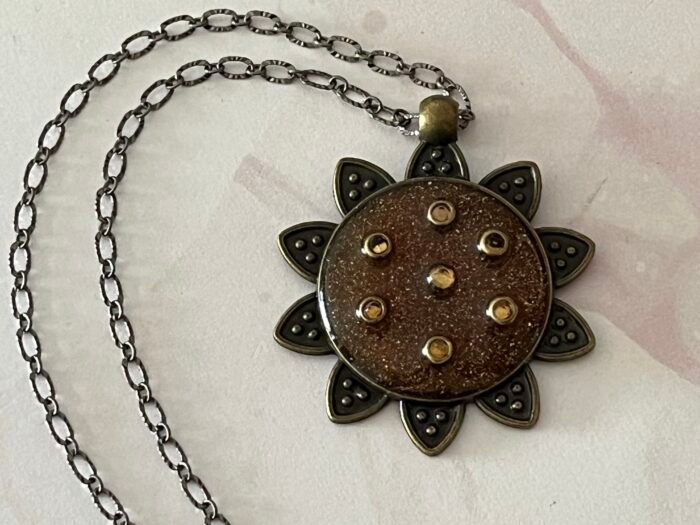 Necklace- Misa Flora Allium Pendant with Antique Link Chain- shimmer Bronze, Antique Stones