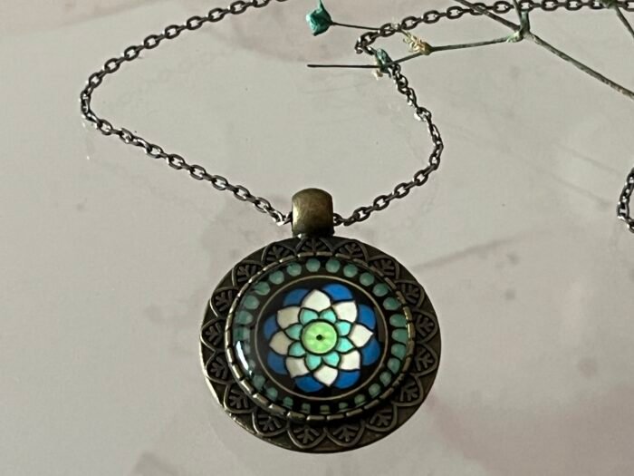 Necklace- Misa Allium Pendant with Antique Link Chain- White &  Blue Glass Cabochon