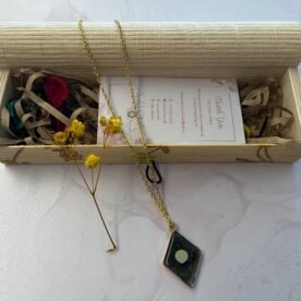 Necklace- Misa Kite Pendant- Iridescent transparent Golden Black base with Round Mirror 3 IMG 8340 scaled 1