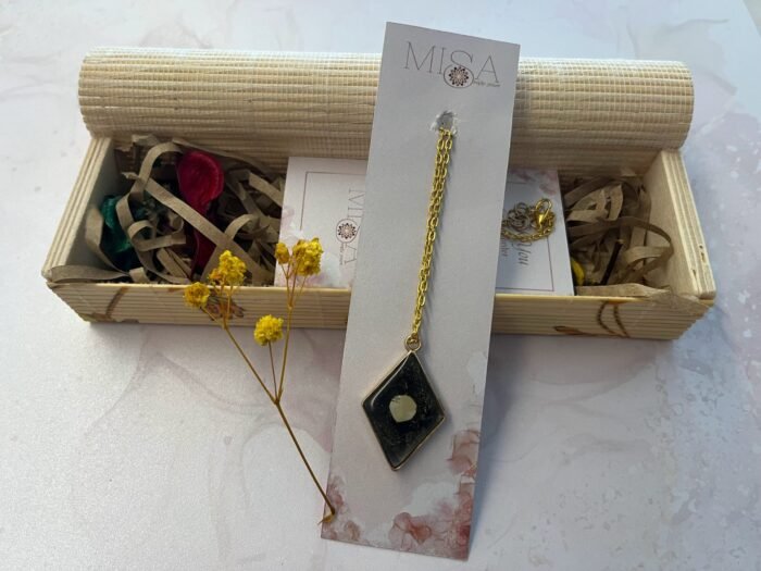 Necklace- Misa Kite Pendant- Iridescent transparent Golden Black base with Round Mirror - Image 3
