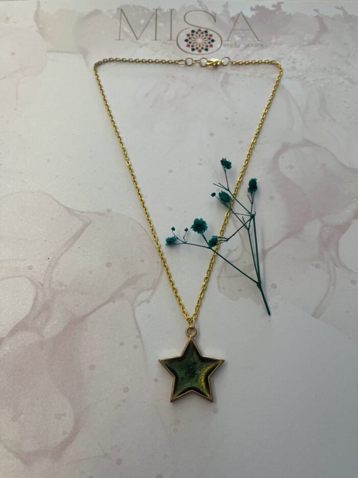Necklace- Misa Night Star Pendant- Metallic Greenish Blue - Image 3