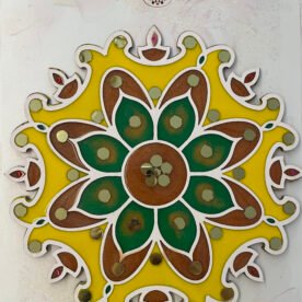 Misa Island Rangoli- Bronze Diya, Green & Bronze flower, Abhlas (mirrors) 5 island rangoli IR01 IMG 9208 scaled 1