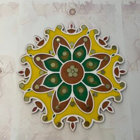 Misa Island Rangoli- Bronze Diya, Green & Bronze flower, Abhlas (mirrors) 6 island rangoli IR01 IMG 9209 scaled 1