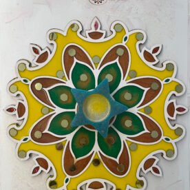 Misa Island Rangoli- Bronze Diya, Green & Bronze flower, Abhlas (mirrors) 4 island rangoli IR01 IMG 9212 scaled 1
