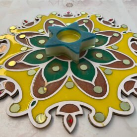 Misa Island Rangoli- Bronze Diya, Green & Bronze flower, Abhlas (mirrors) 3 island rangoli IR01 IMG 9213 scaled 1