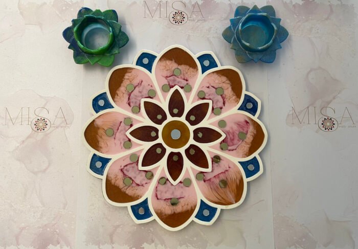 Misa Island Rangoli- Blue, Pink, Bronze and Gold Flower, Abhlas (mirrors) - Image 4