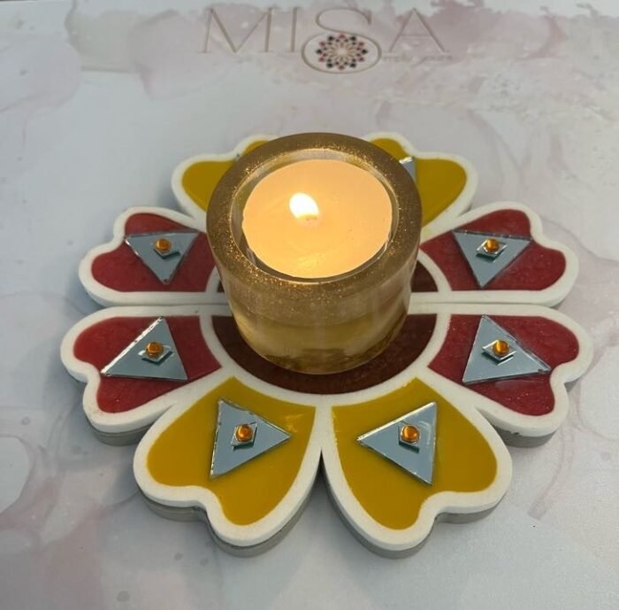 Misa Island Rangoli Floral Border- Red, Yellow, Maroon, Studs & Abhlas (mirrors)- Set of 2, Small