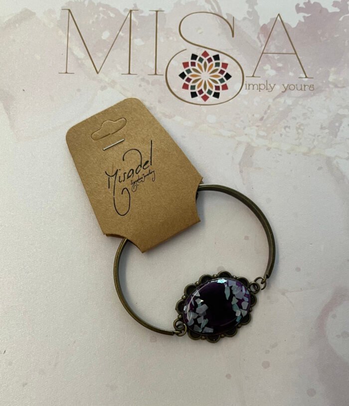 Misa Achillea Bangle Bracelet- Antique Silver, Dark purple, Shell pieces