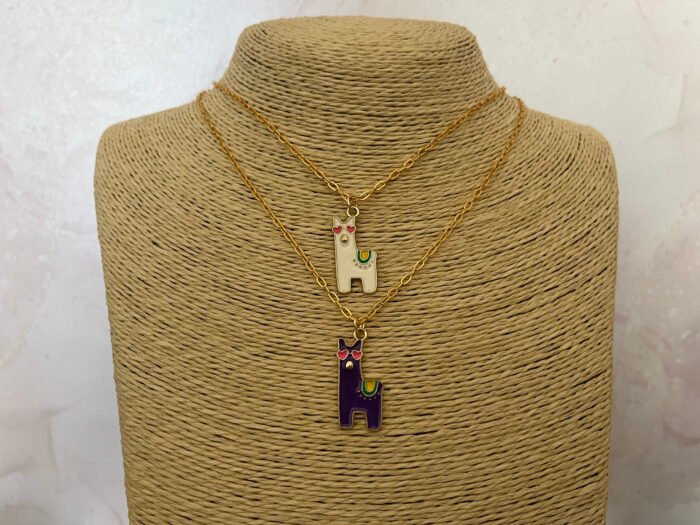 Necklace- Misa Happy Dog Gold Enamel Pendant- Purple with Gold Link Chain - Image 4