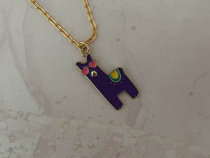 Necklace- Misa Happy Dog Gold Enamel Pendant- Purple with Gold Link Chain