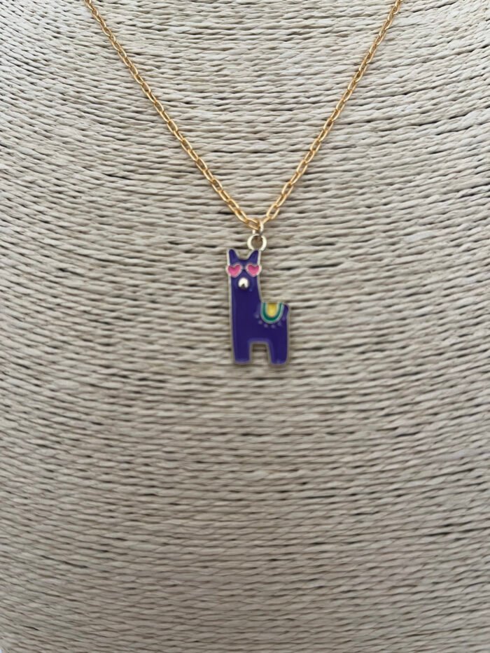 Necklace- Misa Happy Dog Gold Enamel Pendant- Purple with Gold Link Chain - Image 3