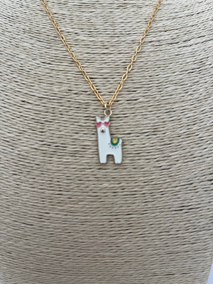 Necklace- Misa Happy Dog Gold Enamel Pendant- White with Gold Link Chain - Image 3