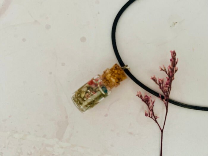 Necklace- Misa Bottle Necklace with Dried Flowers and Black Leather Cord Chain