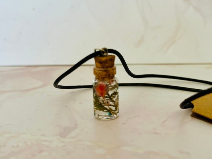 Necklace- Misa Bottle Necklace with Dried Flowers and Black Leather Cord Chain - Image 2