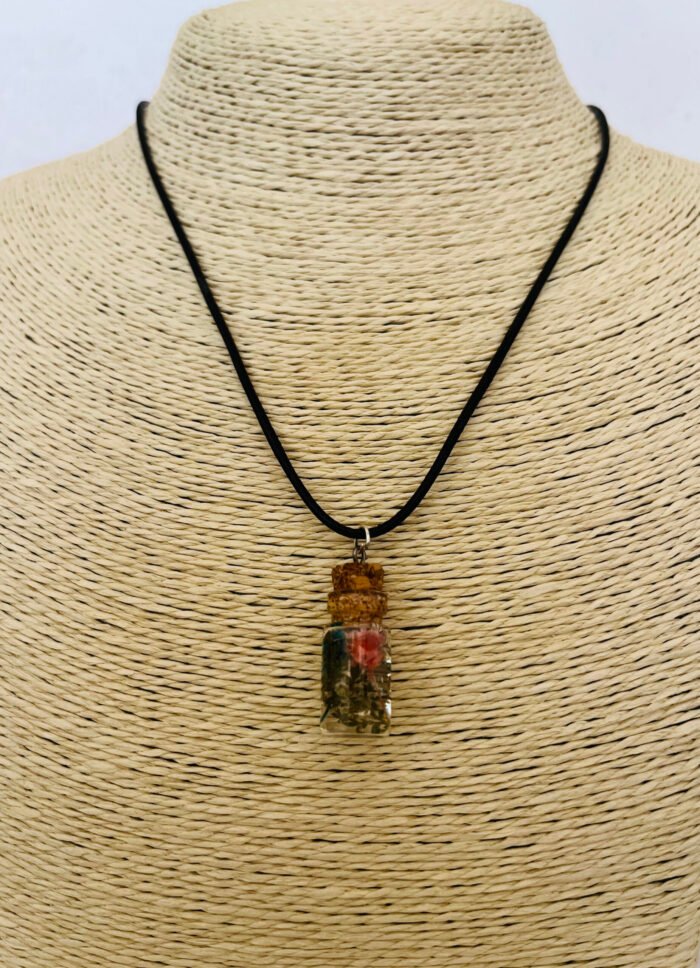Necklace- Misa Bottle Necklace with Dried Flowers and Black Leather Cord Chain - Image 3