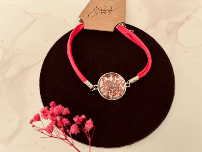 Misa Cord Chain Bracelet- Dark Pink, Red Flower, Cabochon