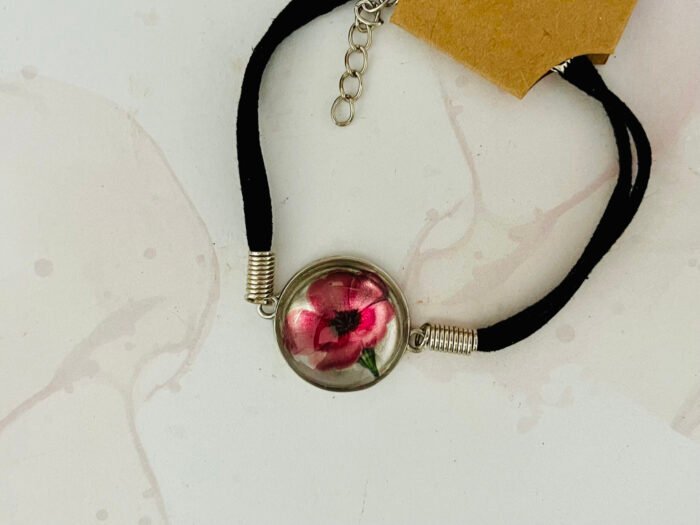 Misa Cord Chain Bracelet- Black, Pink Floral design, Cabochon