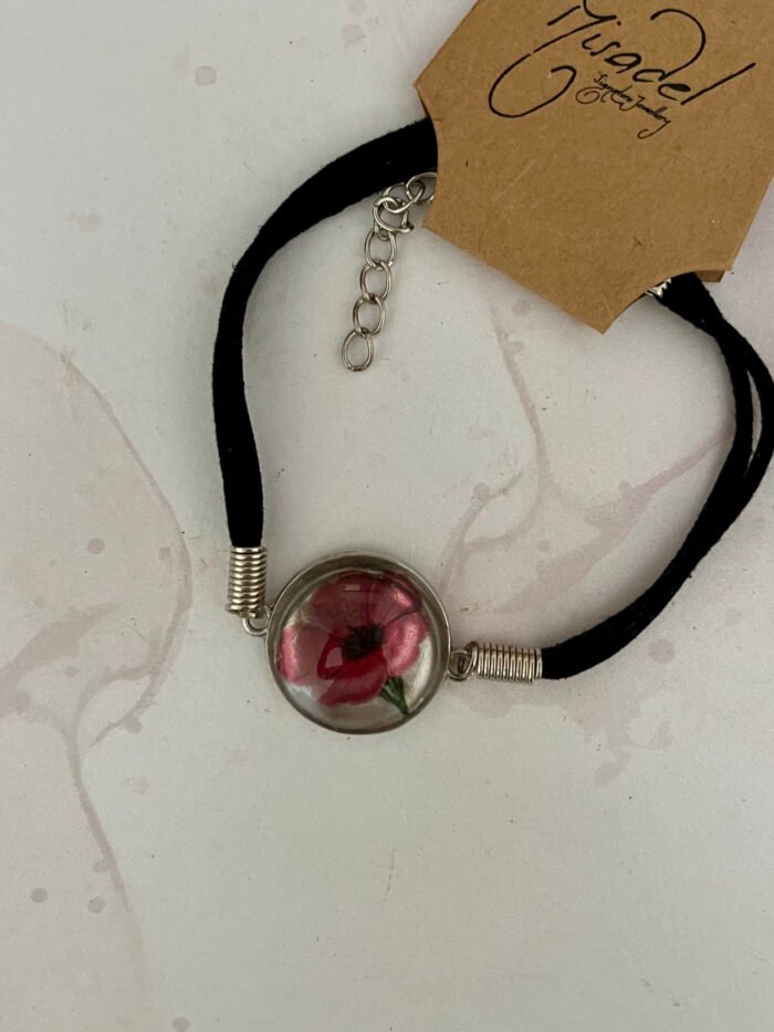 Misa Cord Chain Bracelet- Black, Pink Floral design, Cabochon - Image 2