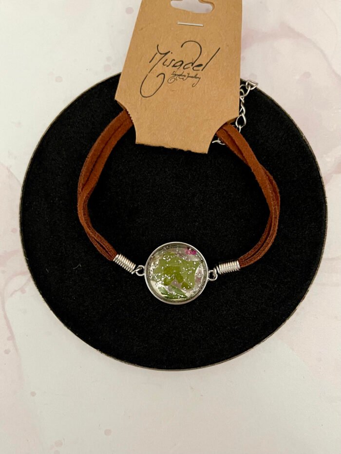 Misa Cord Chain Bracelet- Brown, Green Leaves, Cabochon