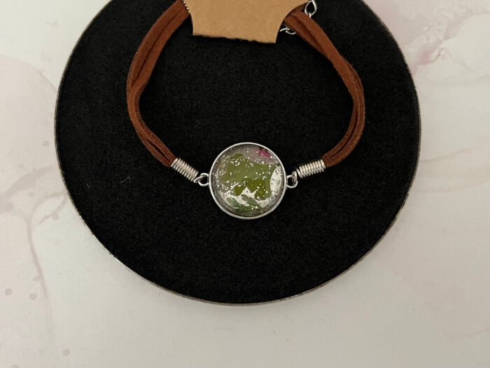 Misa Cord Chain Bracelet- Brown, Green Leaves, Cabochon - Image 2