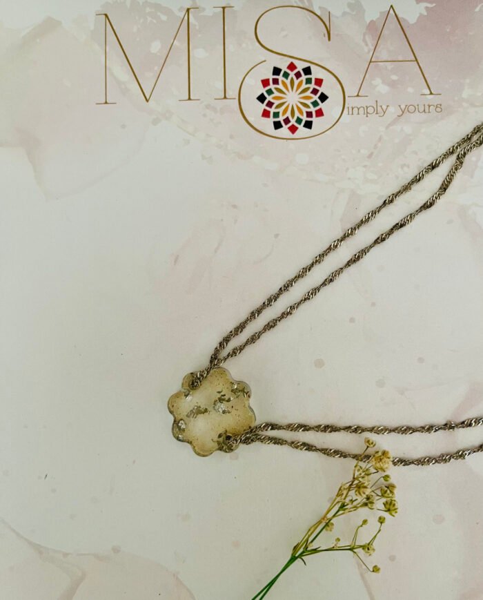 Necklace- Misa Flora Resin Pendant- Transparent Silver with 8 Petals - Image 2